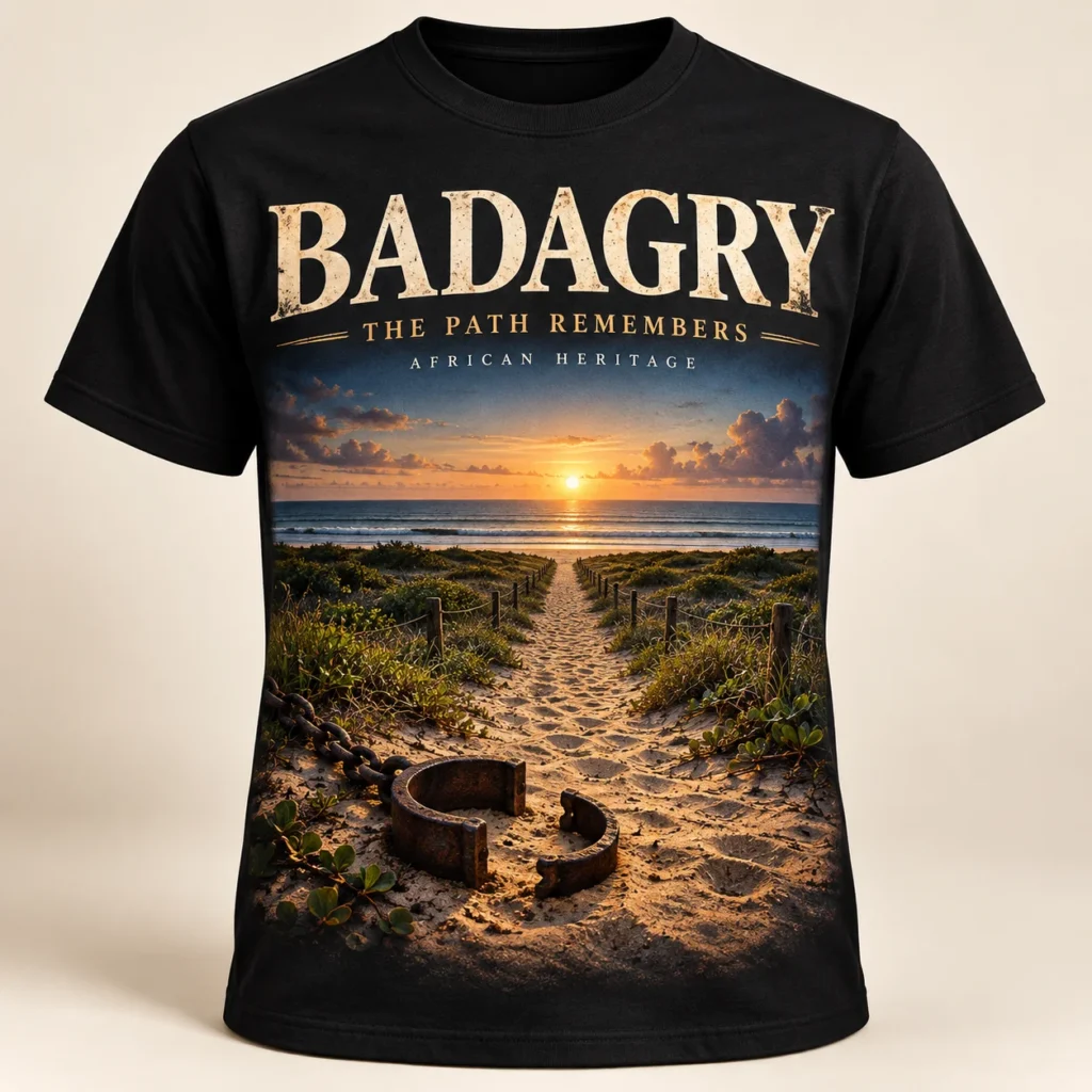 Badagry path to the Atlantic with a broken open shackle — heritage T-shirt design preview