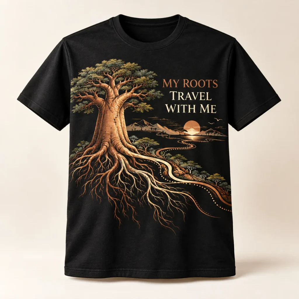 MY ROOTS TRAVEL WITH ME — T-shirt Africa-inspired design preview